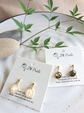 East & West Fusion Gold Flakes Resin Tiny Drop Earrings (Black/ White)