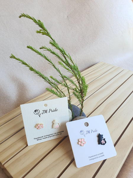 Calm Sakura Cat and Lily Combo Stud Earrings Black/White