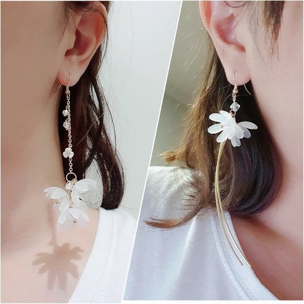 White Lily Bloom - Asymmetric Dangle Earrings